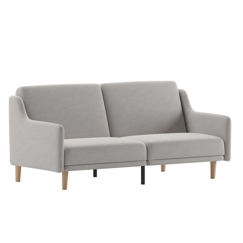 Upholstered Split Back Futon Sofa With Curved Arms And Solid Wood Legs, Grey Polyester Blend