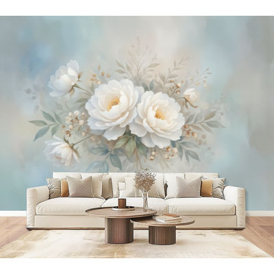 Papier peint pelez et collez, bouquet de fleurs de pivoines blanches, pastel doux, sarcelle, murales, botaniques, rétro, 69 po x l 96 po, amovible, papier peint mural en PVC, adhésif pour le salon de la chambre, bureau à domicile