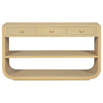 55" Natural Wood Storage Console Table with 3 Drawers and 2 Shelves, Heavy Duty Curved Sofa Table for Living Room Entryway Study, Solid Pine Base
