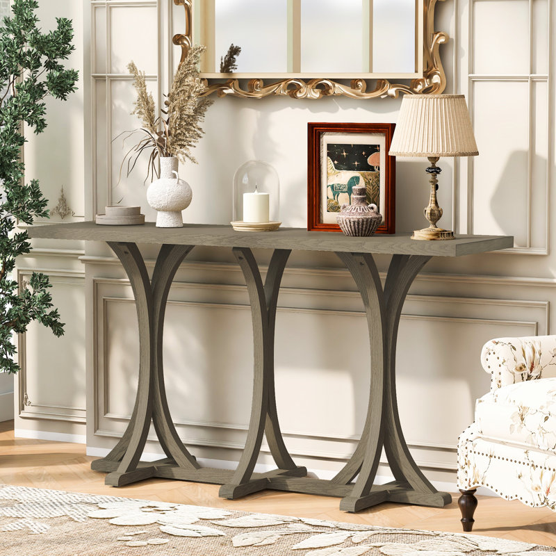 Console en U de style U de 59,8 po, placage de chêne, pieds en bois d'hévéa avec forme incurvée, patins réglables, convenant à la salle à manger et au salon