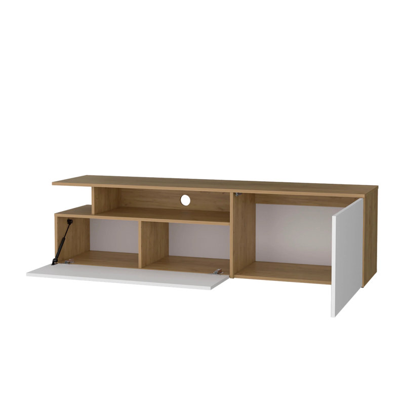 Meuble télé en chêne naturel et blanc avec porte rabattable et tablette ouverte