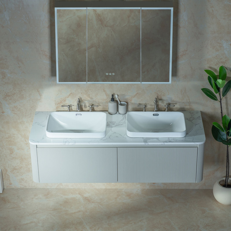 Meuble-lavabo flottant mural de 60 po avec double lavabo blanc intégré, tiroirs à fermeture en douceur, armoire grise, comptoir à motif de marbre, bords arrondis