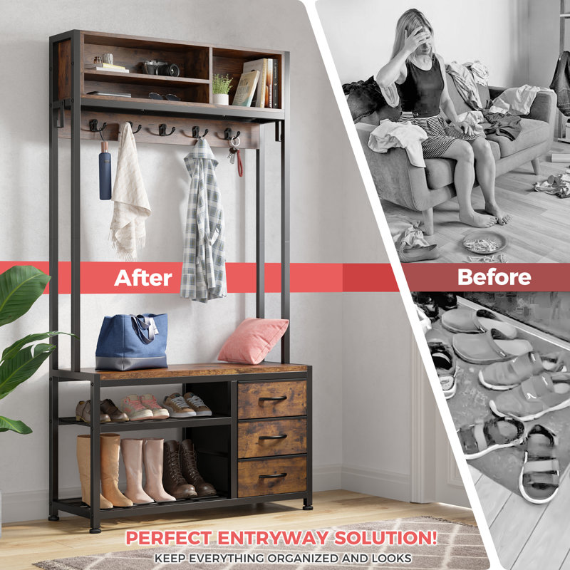 Stephaie 31.5" Wide Coat Rack, 4-in-1 Hall Tree with Bench and Shoe Storage for Entryway with Hooks