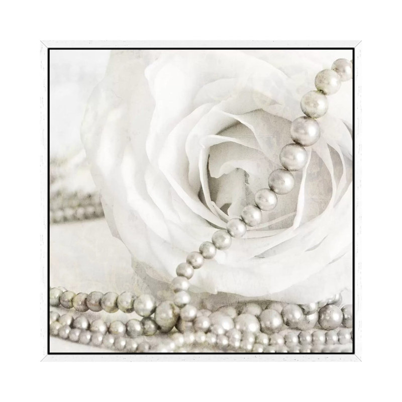 White Rose With Pearls by Tom Quartermaine - Print on Canvas, White Framed, 66.04 cm H x 66.04 cm W