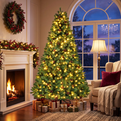 7.5' H Pre-Lit Artificial Scotch Pine Christmas Tree with Pine Cones, 450 Steady-On Warm White LED Lights and Metal Stand