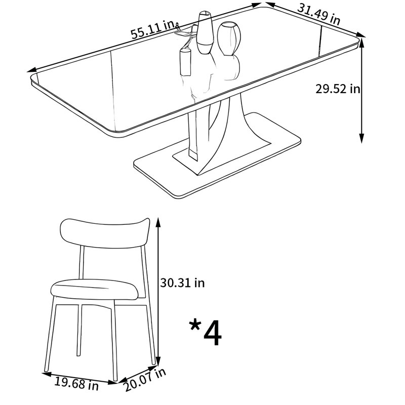 Ensemble de table de salle à manger rectangulaire et chaises, H 29,52 po x L 55,11 po x l 31,49 po