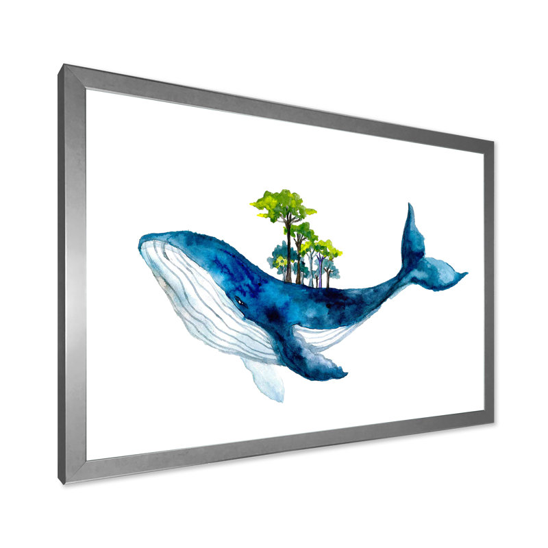 Baleine bleue sur fond blanc III - Peinture sur toile, H 24 po x l 32 po, Cadre photo argenté