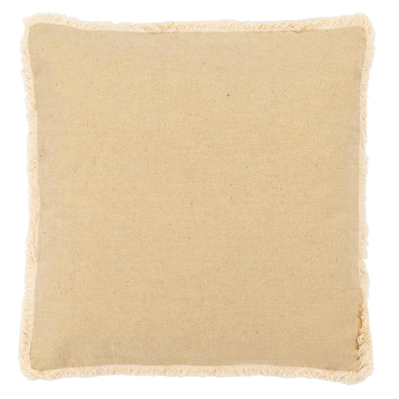 Beige and White Cotton Blend Square Throw Pillow with Fringe