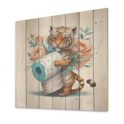 Trinx Ikerne Tiger With Roll Of Toilet Paper And Flowers II On Wood ...