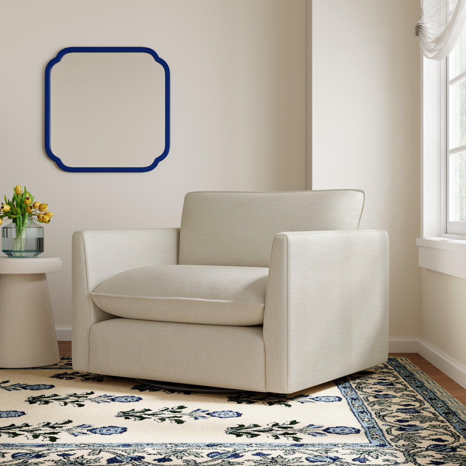 Roselare 45" W Oversized Swivel Armchair, Effie Linen Performance Linen