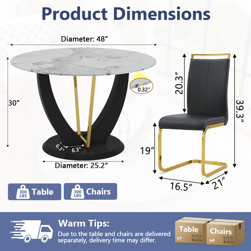 Ensemble de table ronde, 5 pièces: table, 4 chaises, Noir