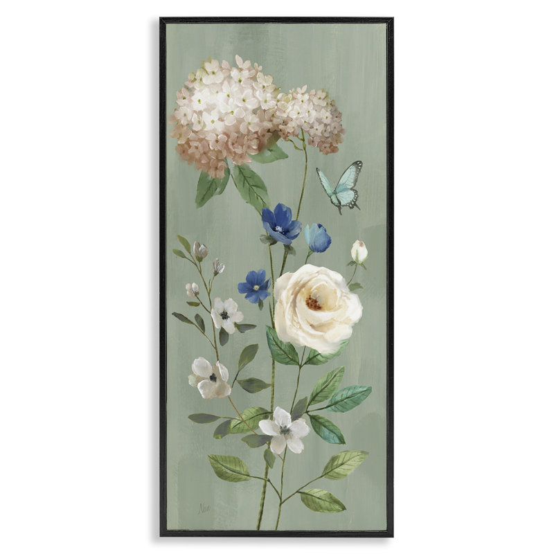 «Hydrangea & Rose with Butterfly», estampe numérique, design par Nan, Giclée noire de minuit encadrée, H 24 po x l 10 po