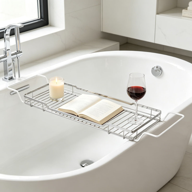 Plateau de baignoire réglable, organisateur de salle de bain en acier inoxydable 304, support de baignoire multifonctionnel avec support de lecture extensible pour tablette ou téléphone portable