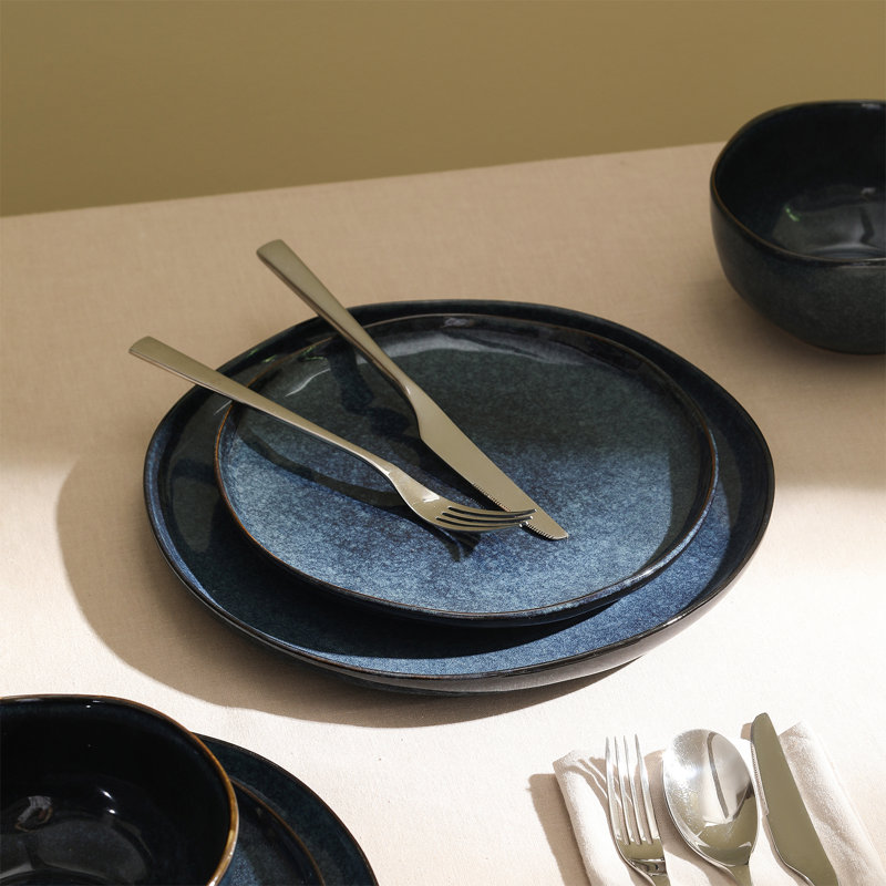 Mirella Blue Ceramic 24-Piece Dinnerware Set, Service for 8