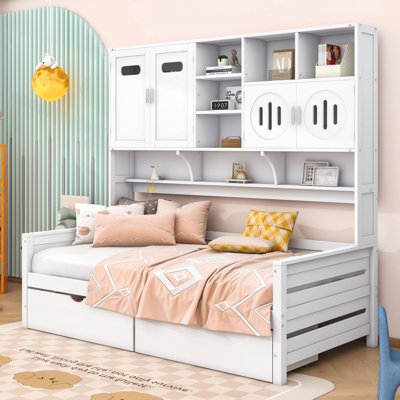 2 Drawers Wood Daybed with Shelves