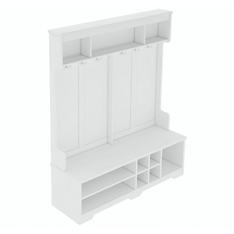 Modern Hallway Hall Tree with Metal Hooks and Storage Space, Multi-Functional Entryway Coat Rack with Shoe Cubbies, White