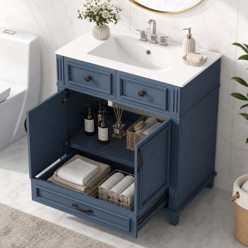 Meuble-lavabo de 30 po avec lavabo en céramique, structure en bois massif, portes à fermeture douce et grand rangement, style rétro bleu - bleu