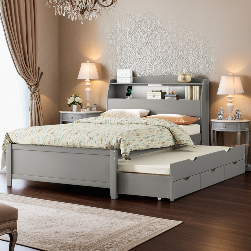 FAlano Wood Storage Platform Bed with LED Headboard, USB Charging Ports, Trundle Bed & Drawers, Full / Double, Gray