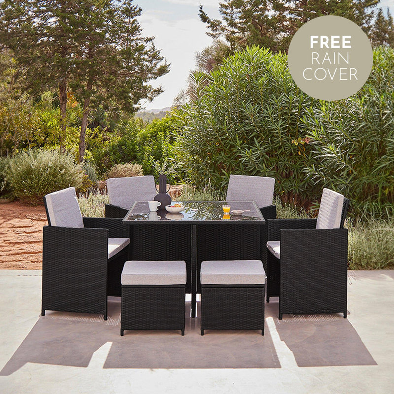 Quilla Rectangular 8 - Person 111cm Long Dining Set with Cushions, Black