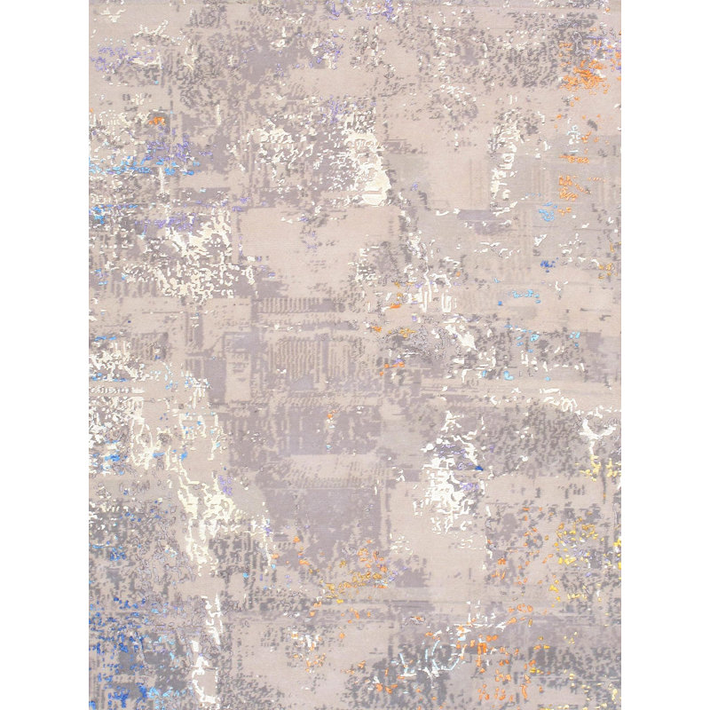 Hand-Knotted Beige Abstract Wool and Silk 9' x 12' Rug