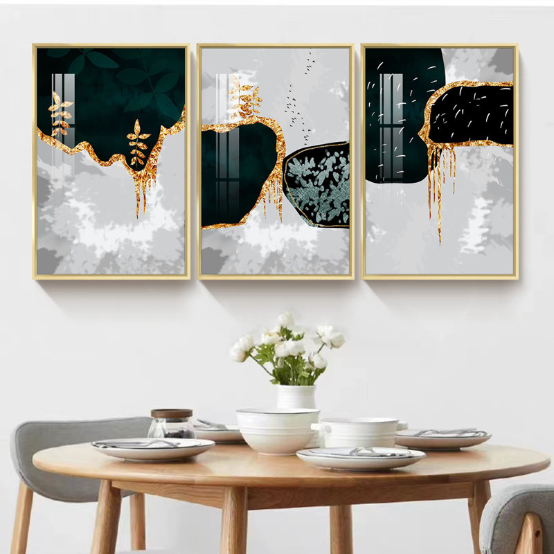 Abstrait - ensemble de 3 reproductions d'art sur toile encadrées, L 49 po x H 25 po, Or