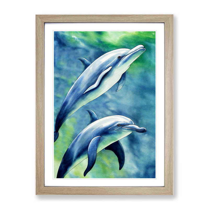 Pretty Dolphin - Single Picture Frame Print, 34cm H x 25cm W x 2cm D, Oak Framed