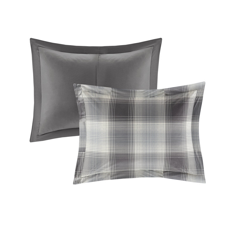 Gray Full/Queen Down Alternative Comforter Set with Plaid Pattern