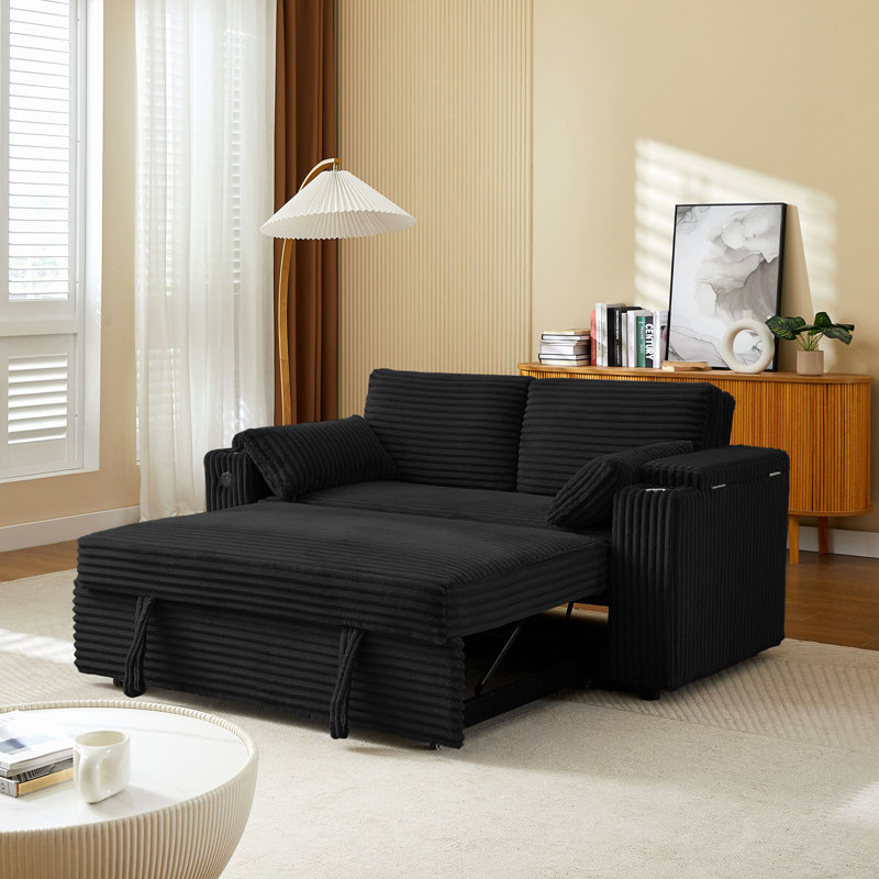 Canapé-lit avec causeuse avec accoudoirs de rangement et port USB, Noir