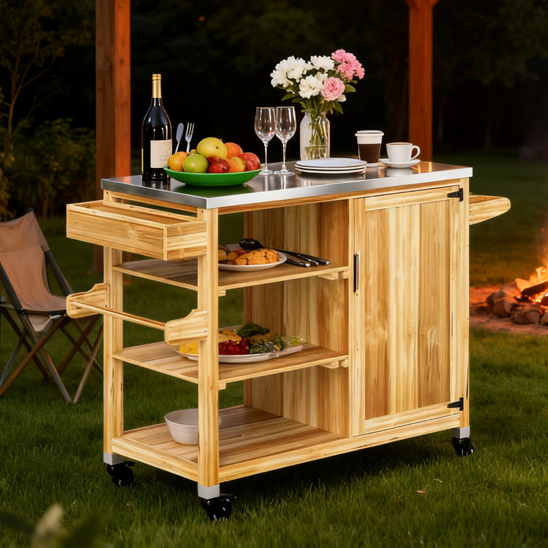 Chariot de cuisine roulant en bois massif avec plateau en acier inoxydable
