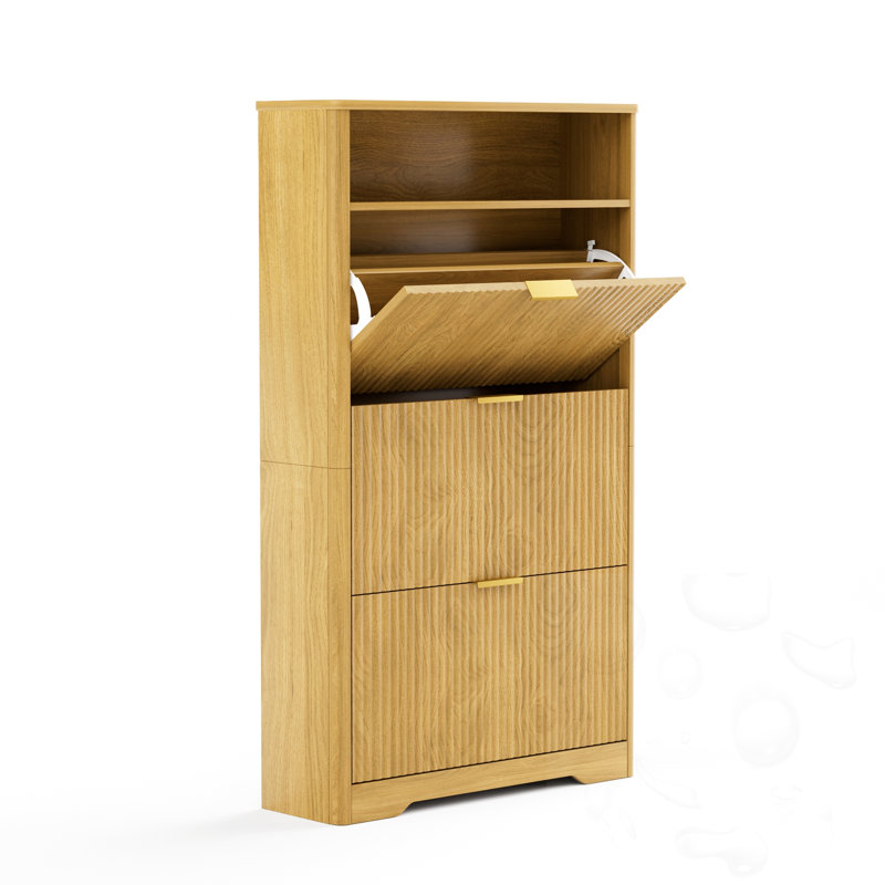 Shoe Storage With 3 Flip Drawer And Open Shelf, Natural