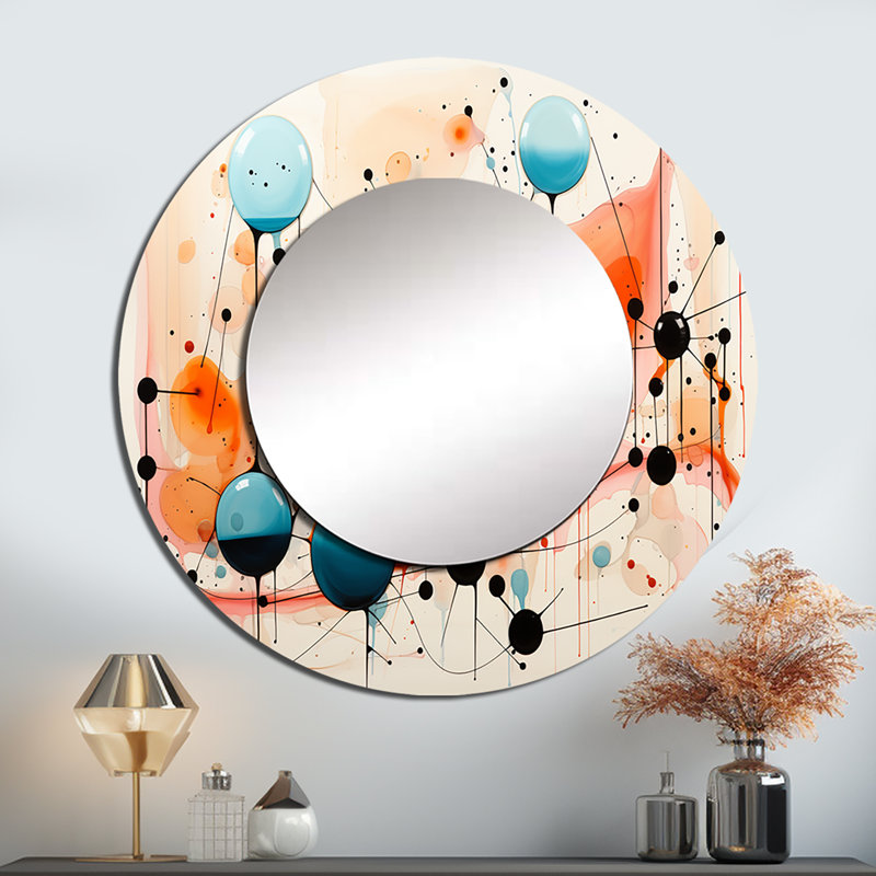 Abstrait coloré Mid-Century abstrait Atomic I - grand miroir moderne de style Mid-Century, décor de miroir mural rond unique de style Mid-Century, impression d'art en métal
