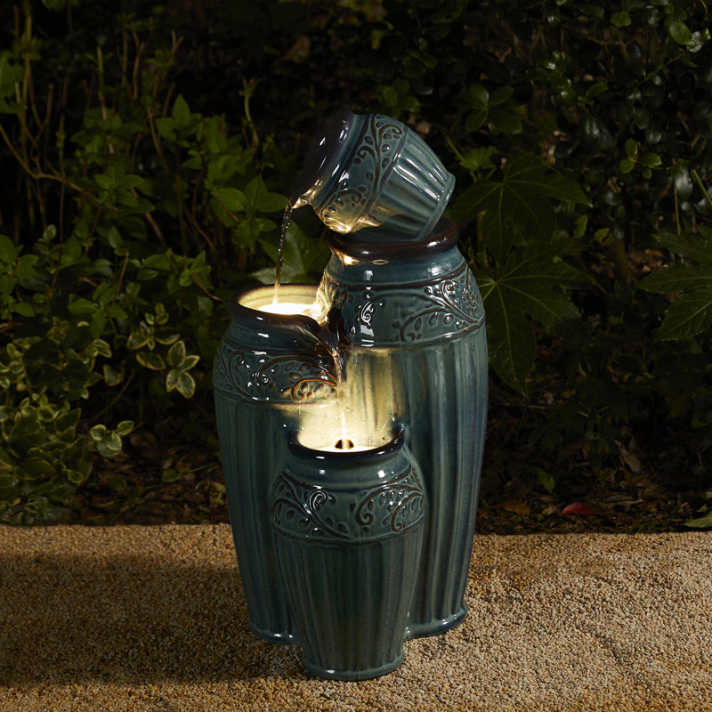 Outdoor Ceramic / Porcelain Weather Resistant Fountain with Lights, Turquoise, 27.25" H x 13.75" W x 13.75" D
