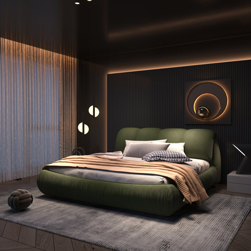 Très grand lit plateforme tapissier très grand avec dossier rembourré surdimensionné et structure en bois massif, convenant à plusieurs hauteurs de matelas, vert