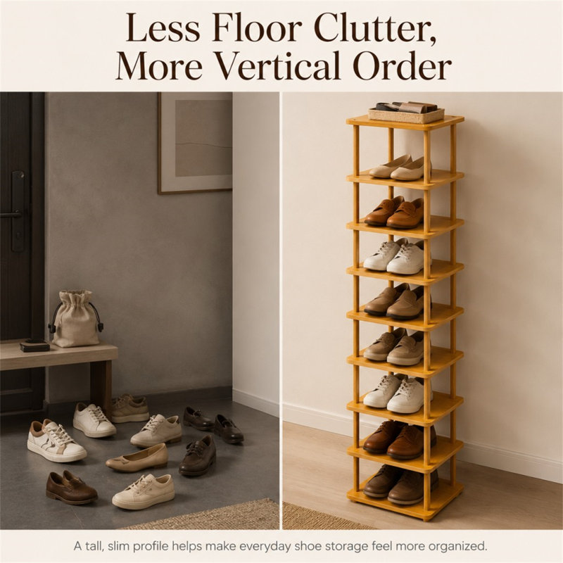 Étagère à chaussures verticale étroite à 9 niveaux, étagère de rangement autoportante en bambou et bois, organisateur d'économie d'espace pour les petits appartements