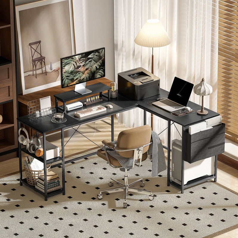 Rascoe L-Shaped Metal Base Computer Desk, Black