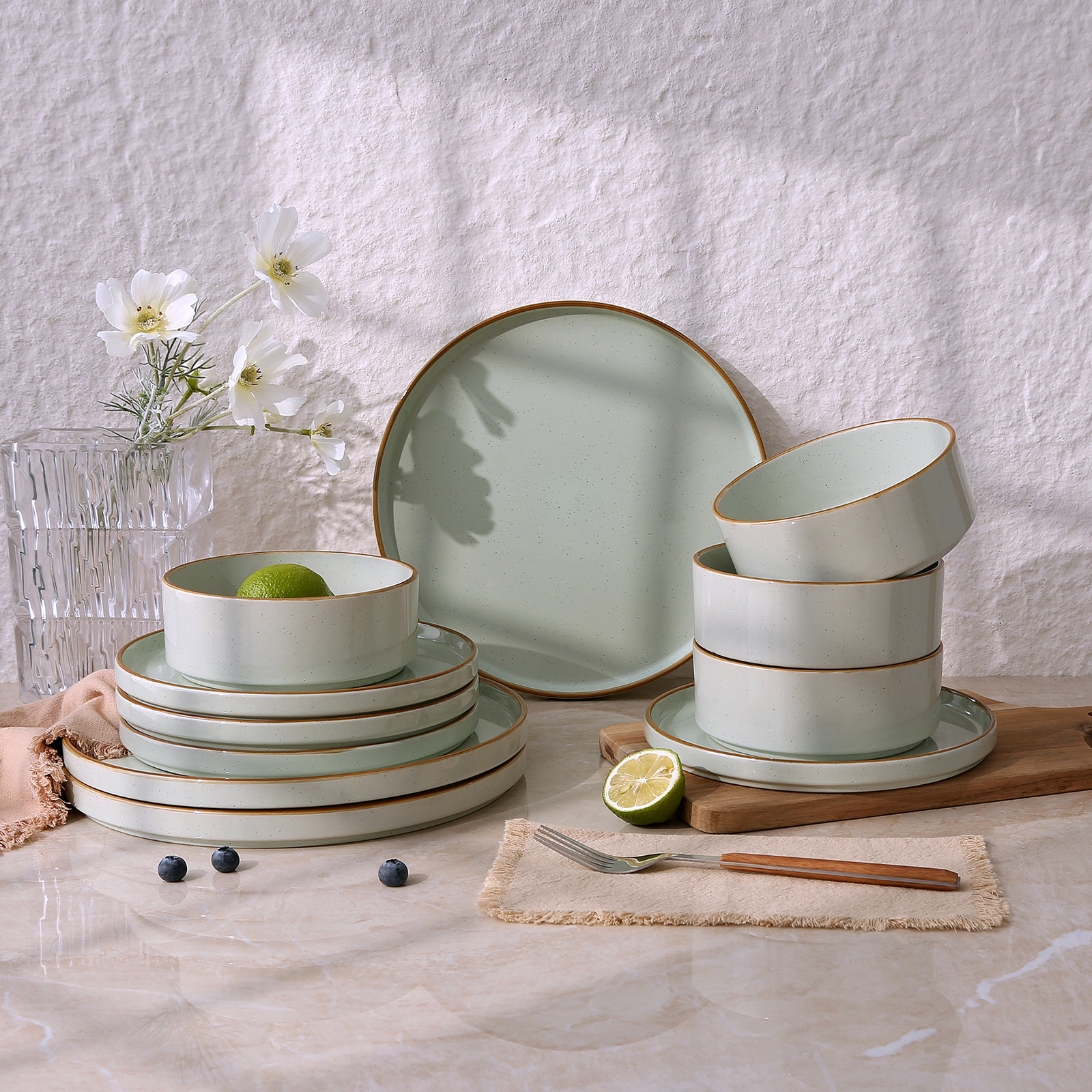  Nebula Plates And Bowls Sets, 12 Piece Dinnerware Sets, Light Green with Brown Rim