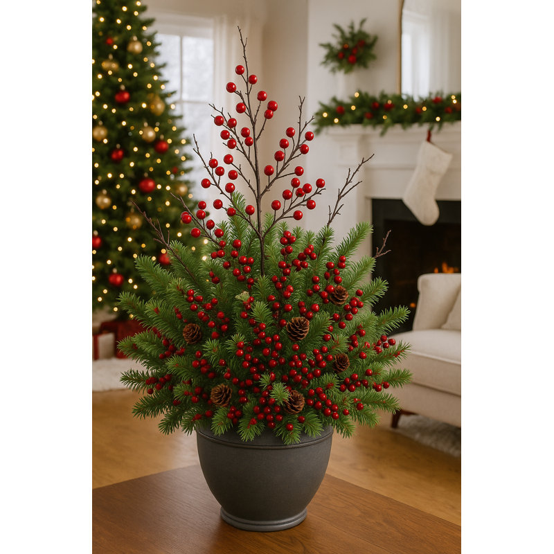 3pc Artificial 18" Pine Pick With Berries & Cones