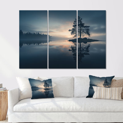 Blue Morning Fog Over Forest Lake - Lake Wall Art Set