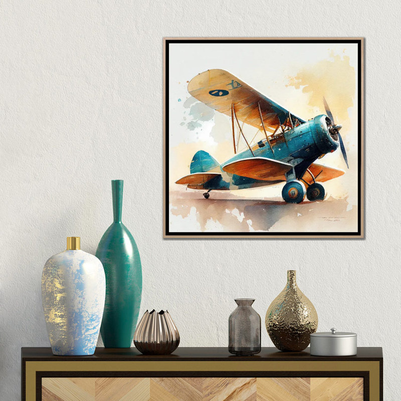 Aquarelle, avion rétro I, Toile avec cadre flottant en bois naturel, H 18 po x l 18 po x P 1,5 po
