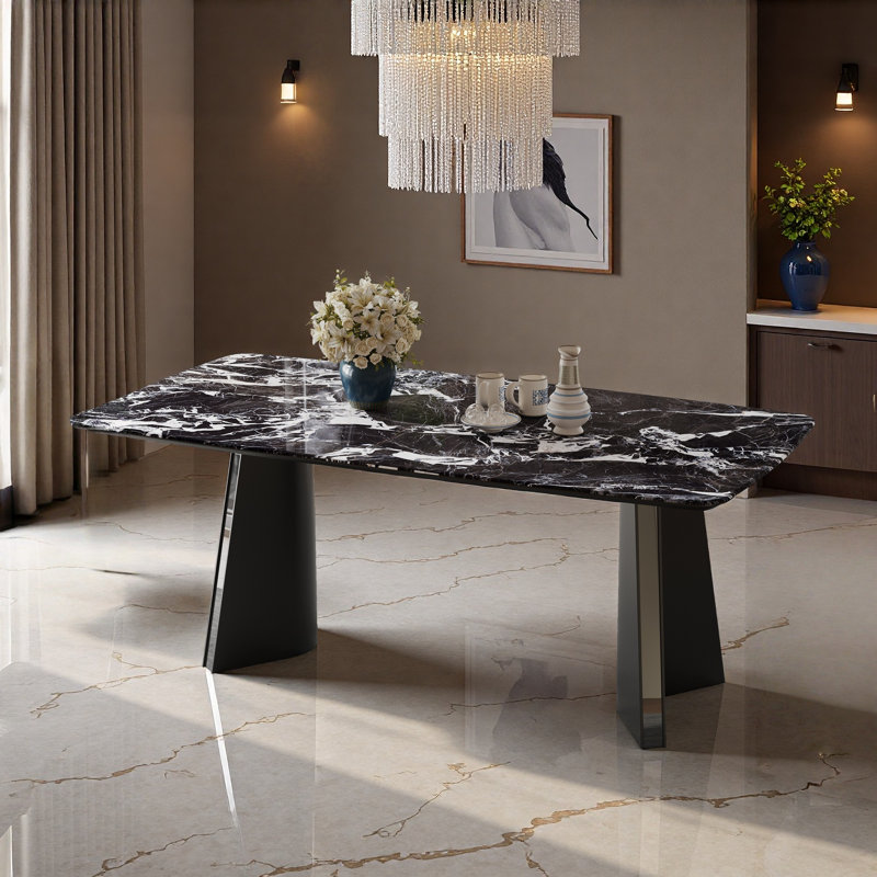 63"Modern Black Marble Dining Table, Rectangular Stone Tabletop with Sculptural Pedestal Base, Luxury Contemporary Dining Table for 4-6, Living& Dining Room