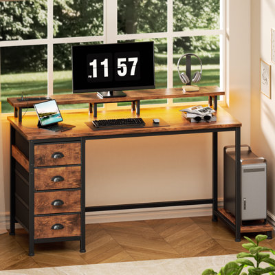 Gaming Desk with LED Lights & Power Outlets, Home Office Writing Desk with 4 Fabric Drawers & Monitor Stand