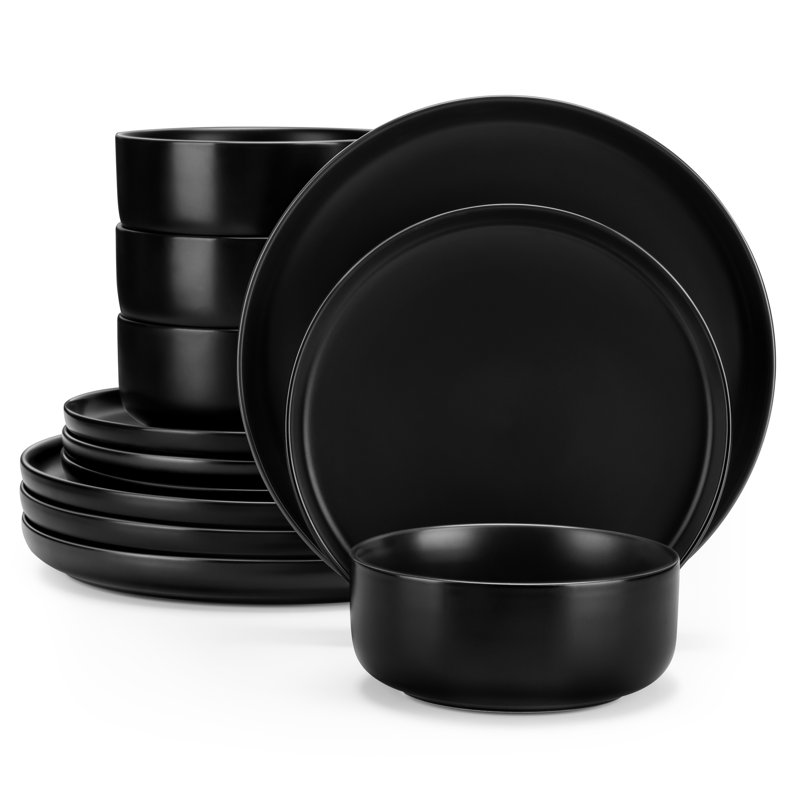Piece Porcelain China Dinnerware Set - Service for 4, Black