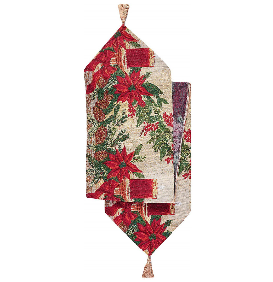 Puentes Decorative Christmas Poinsettias Candles Design Tapestry Table Runner The Holiday Aisle®