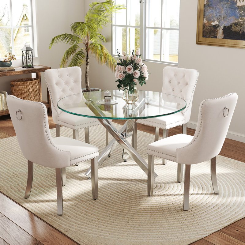 5-Piece Round Glass Dining Table Set, 29.5"H x 39"L x 39"W, Beige/Silver, Silver