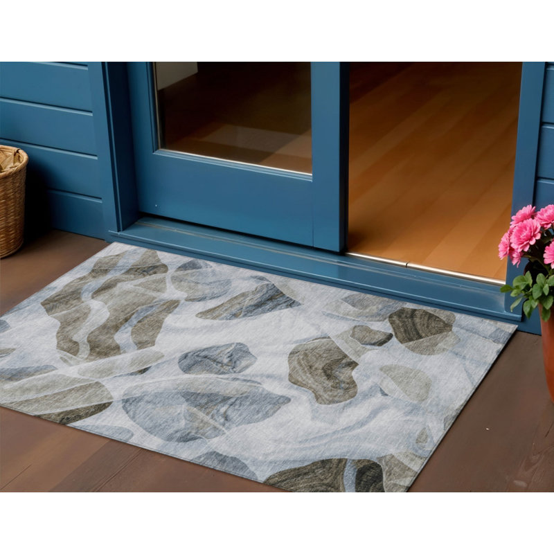 3' X 5' Sky Blue And Taupe Abstract Washable Indoor Outdoor Area Rug
