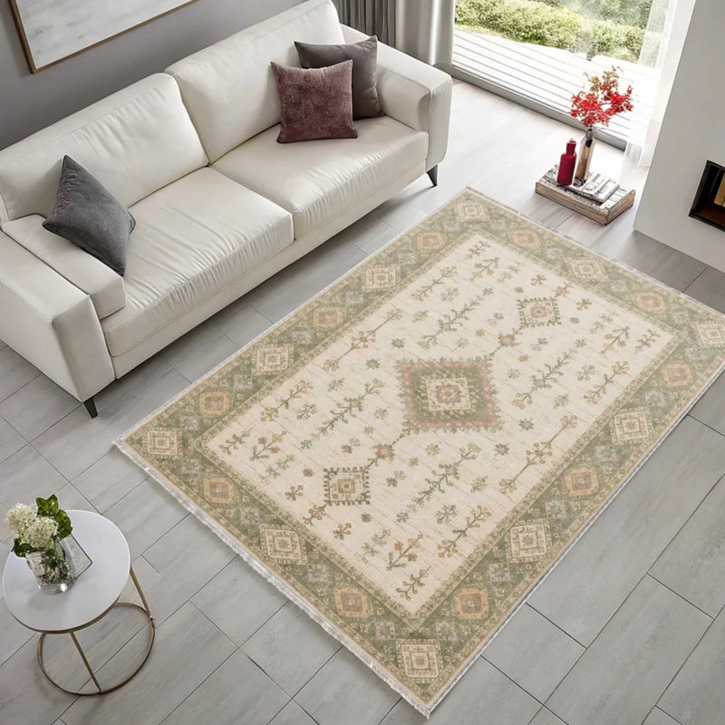 Tapis de couloir en chenille beige et vert, Runner 4' x 9'11"