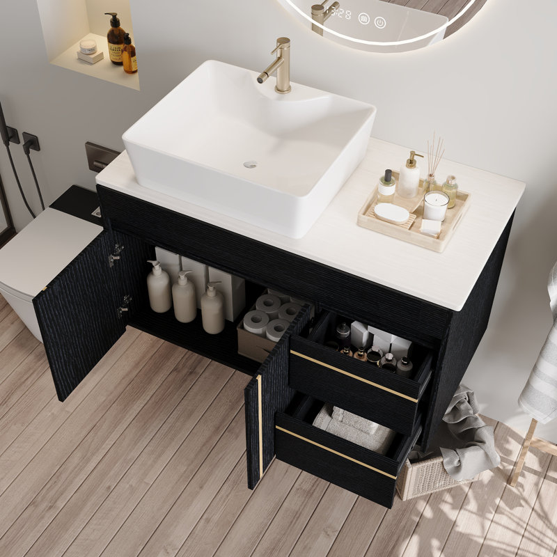 Meuble-lavabo mural 36 po avec lavabo vasque en céramique et porte à fermeture en douceur Aether, Récipient blanc