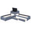 Lit plateforme tapissier en L avec lit gigogne et deux tiroirs reliés par un bureau intégré, simple, gris