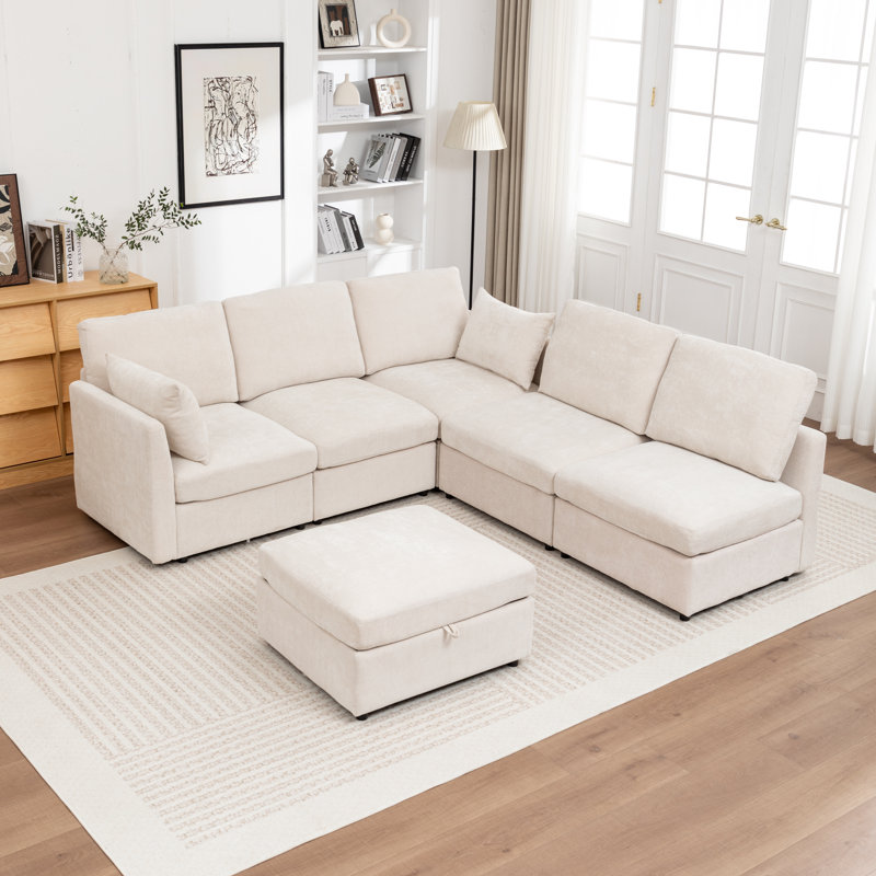 Canapé modulaire avec repose-pieds de rangement 6 pièces Wilroy, Beige