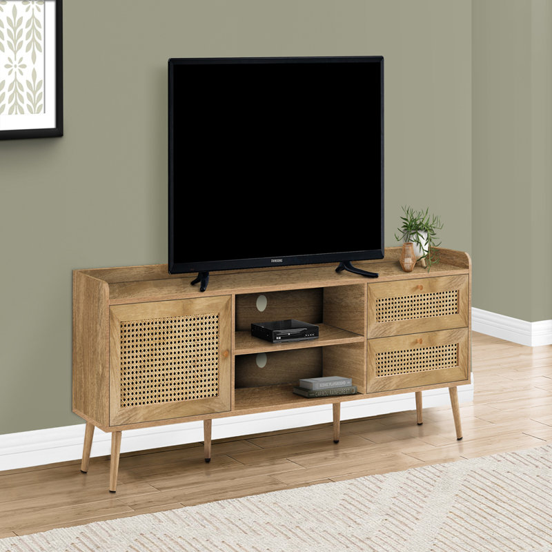 Meuble télé de style transitionnel durable avec pieds réglables en bois, rangement fermé et tablette ouverte pour les composants multimédias